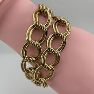 Vintage Cute Gold Tone Textured Oval Link Chain Bracelet 2 Layer Statement 6.5"